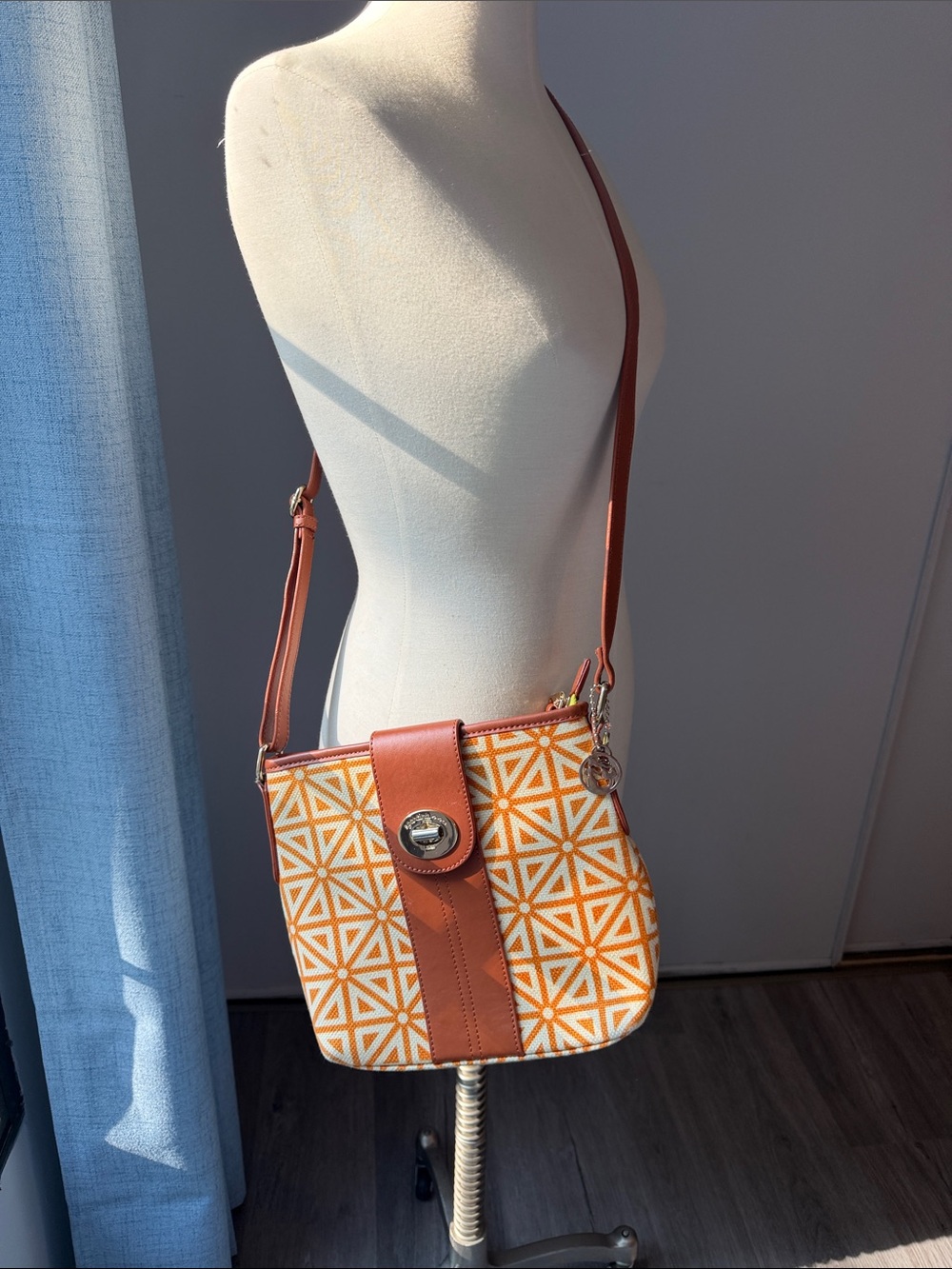 Spartina 449 Orange Geometric Crossbody with Brown Leather Trim